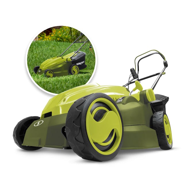mj402E electric lawn mower with inset image of product in use