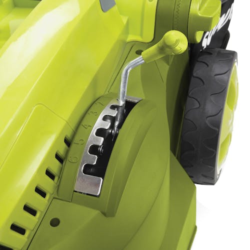 Close-up of the cutting height adjustment lever on the Sun Joe 12-amp 16-inch Electric Lawn Mower.