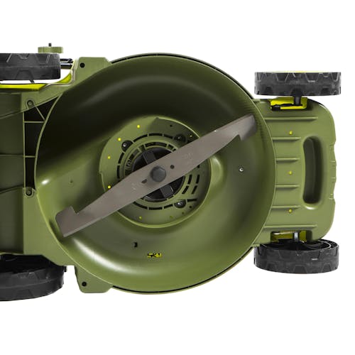Underside view of the Sun Joe 13-amp 17-inch Electric Lawn Mower and Mulcher.