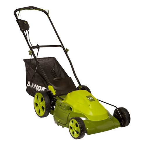 Angled view of the Sun Joe 12-amp 20-inch Electric Lawn Mower.