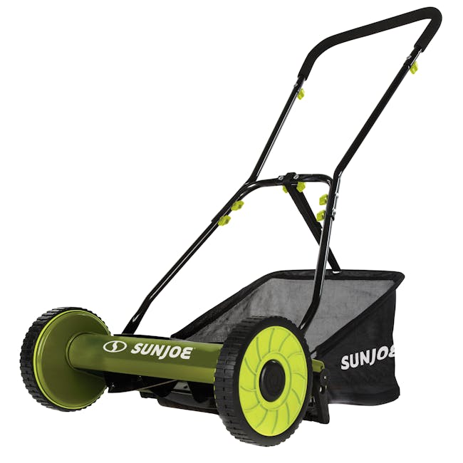 Sun Joe 16-inch Manual Reel Lawn Mower with grass catcher.