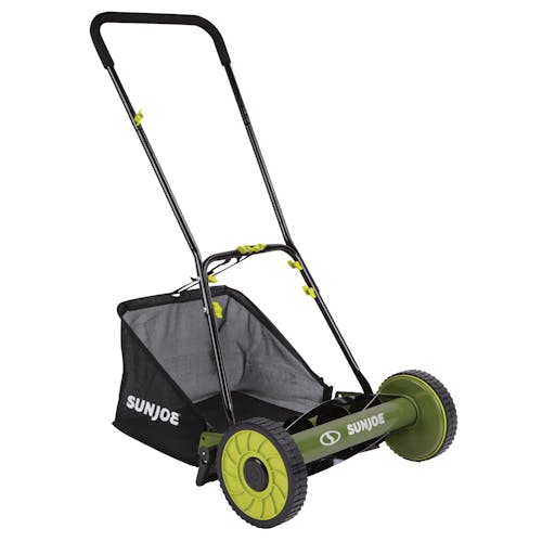 Angled view of the Sun Joe 16-inch Manual Reel Lawn Mower with grass catcher.