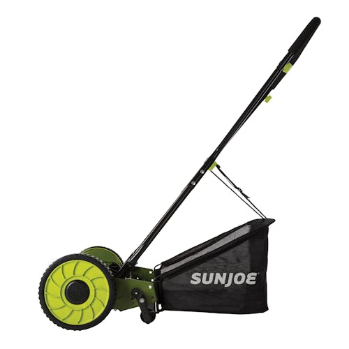 Side view of the Sun Joe 16-inch Manual Reel Lawn Mower with grass catcher.