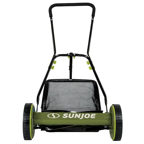 Rear view of the Sun Joe 16-inch Manual Reel Lawn Mower with grass catcher.