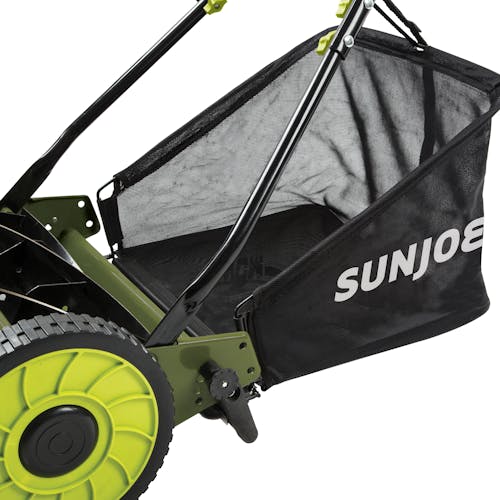 Close-up of the grass catcher on the Sun Joe 16-inch Manual Reel Lawn Mower.