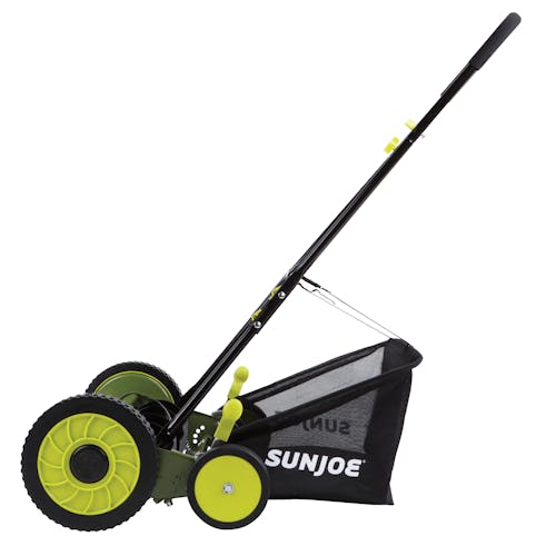 Left-side view of the Sun Joe 18-inch manual reel mower with grass catcher.