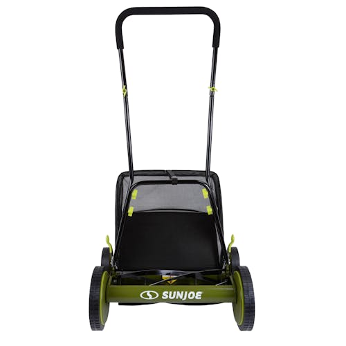 Rear view of the Sun Joe 18-inch manual reel mower with grass catcher.