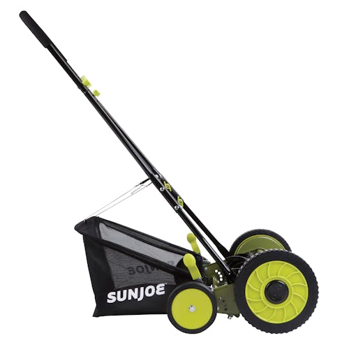 Right-side view of the Sun Joe 18-inch manual reel mower with grass catcher.