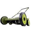 Angled view of the Sun Joe 18-inch manual reel mower with grass catcher.