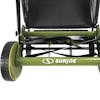 Close-up rear-view of the wheel assembly on the Sun Joe 20-inch Manual Reel Mower with Grass Catcher.