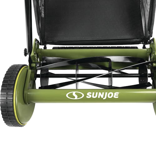 Close-up rear-view of the wheel assembly on the Sun Joe 20-inch Manual Reel Mower with Grass Catcher.