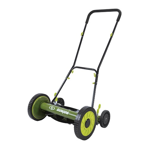 Right-angled view of the Sun Joe 16-inch manual reel lawn mower.