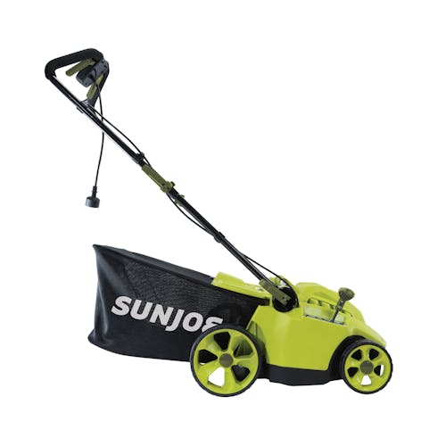 Side view of the Sun Joe 6.5-amp 16-inch Electric Reel Lawn Mower with grass catcher.
