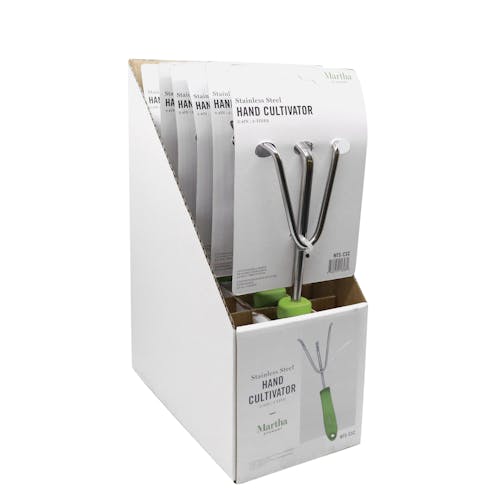 Packaging for the Martha Stewart 3-pronged tainless Steel Hand Cultivator.