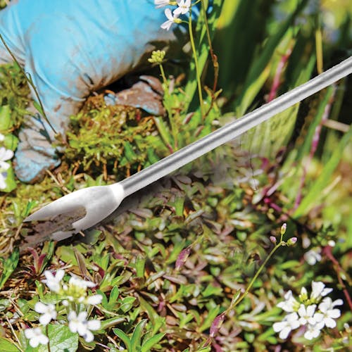 Close-up of the Martha Stewart Stainless Steel Weeder pulling out a weed.