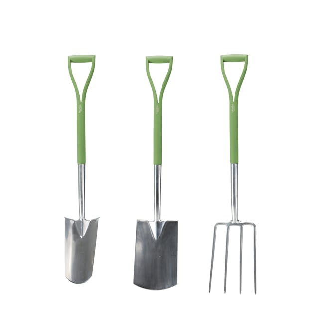 Martha Stewart 40-inch tool set: shovel, garden fork, transplanting spade.