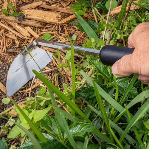 Person using the Nisaku Nejirigama 4-inch Original Japanese Stainless Steel Sickle Hoe in a garden.