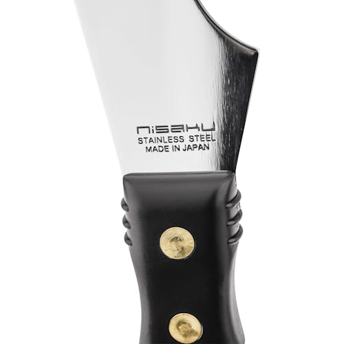 Close-up of the logo and material on the Nisaku Hamma Tsuki Kawasuki Roller Gatta 2.5-inch Japanese Stainless Steel Scraper Knife.