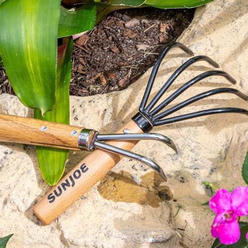 Nisaku Kumade Gohondume Japanese Steel Garden Claw Rake and Cultivator with a double clawed cultivator.