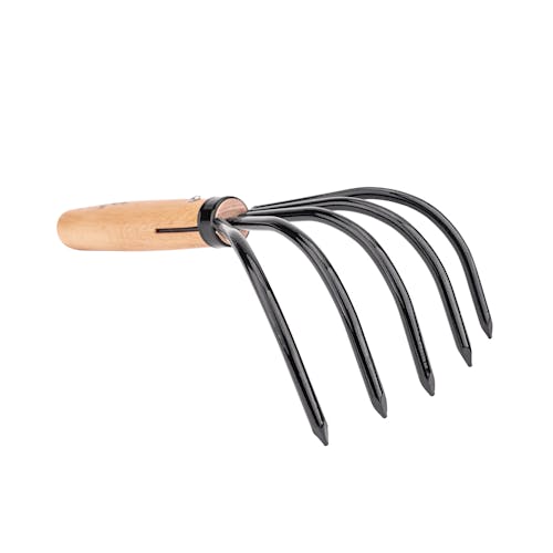 Angled view of the garden claw rake.