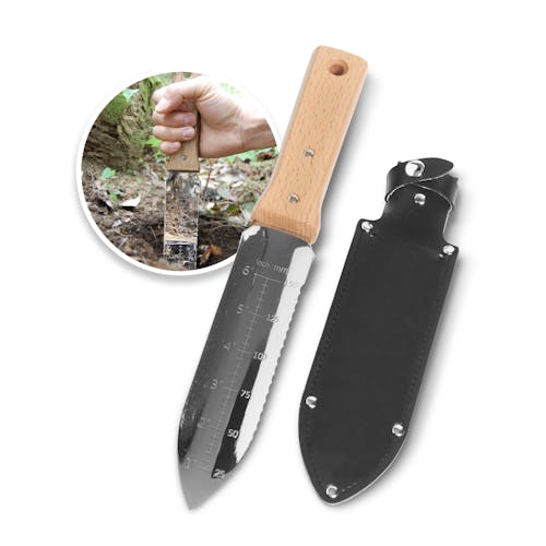 Nisaku Hori-Hori stainless steel weeding knife with sheath.