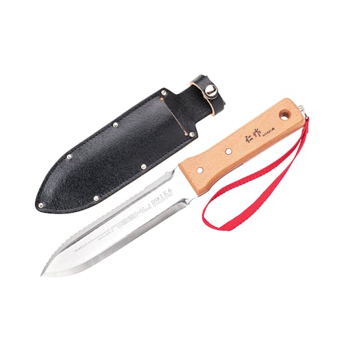 Nisaku Limited Edition Stainless Steel Weeding Knife with a 7.25-inch blade and inch markings and blade sheath.