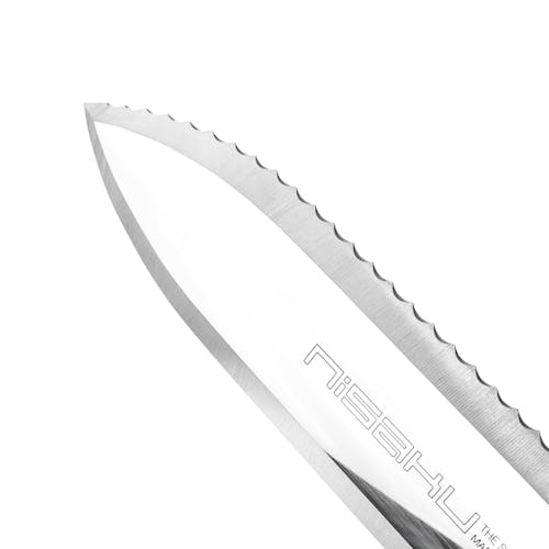 Close-up of the blade on the Nisaku Yamagatana 7.5-inch Japanese Stainless Steel Knife.