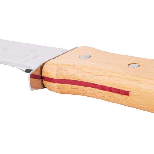 Close-up of the wooden handle on the Nisaku Yamagatana Mokuetubatsuki Japanese Stainless Steel Knife with 7.25-inch blade.