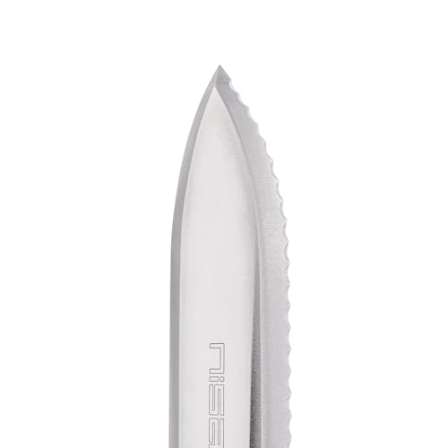 Close-up of the blade on the Nisaku Yamagatana Mokuetubatsuki Japanese Stainless Steel Knife.