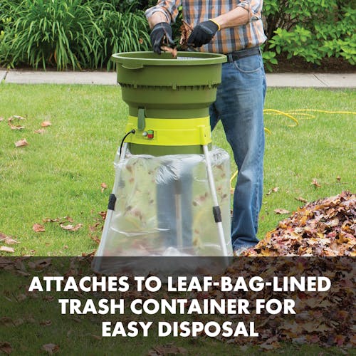 Leaf bag attached to sun joe electric leaf shredder