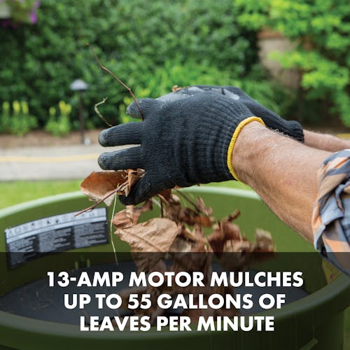 13-Amp motor of sun joe 13-Amp electric leaf shredder can shred up to 55 gallons of leaves per minute