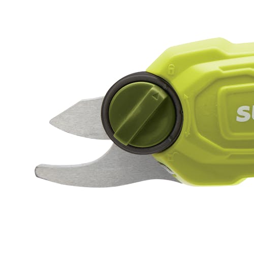 Close-up of the blades on the Sun Joe 3.6-volt green Cordless Rechargeable Power Pruner.