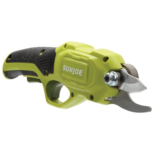 Angled view of the Sun Joe 3.6-volt green Cordless Rechargeable Power Pruner.