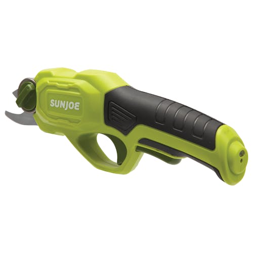 Rear-angled view of the Sun Joe 3.6-volt green Cordless Rechargeable Power Pruner.