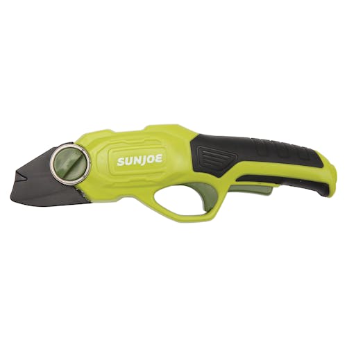 Side view of the Sun Joe 3.6-volt green Cordless Rechargeable Power Pruner with the blade cover on.
