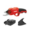 Sun Joe 3.6-volt red Cordless Rechargeable Power Pruner with charger and blade cover.