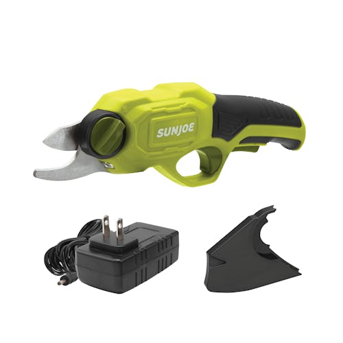 Sun Joe 3.6-volt green Cordless Rechargeable Power Pruner with charger and blade cover.