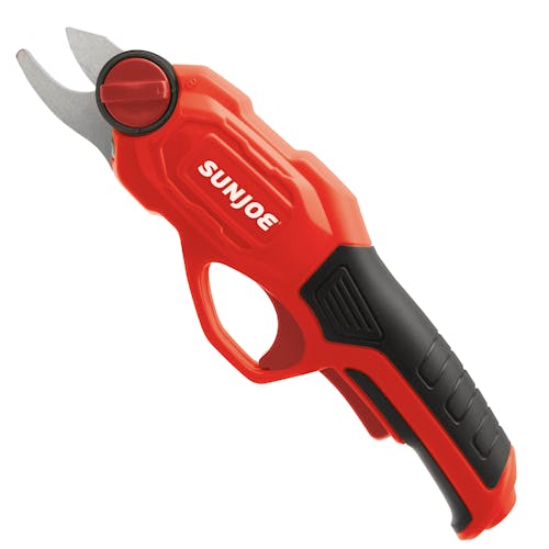 Left-side view of the Sun Joe 3.6-volt red Cordless Rechargeable Power Pruner.