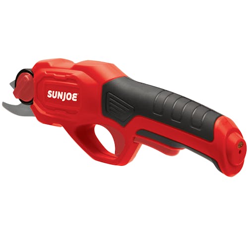 Rear-angled view of the Sun Joe 3.6-volt red Cordless Rechargeable Power Pruner.