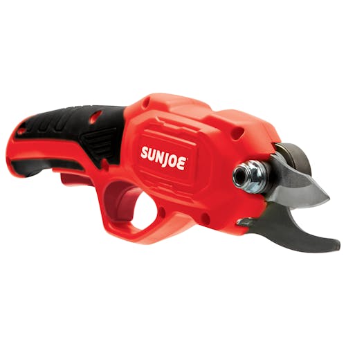 Angled view of the Sun Joe 3.6-volt red Cordless Rechargeable Power Pruner.