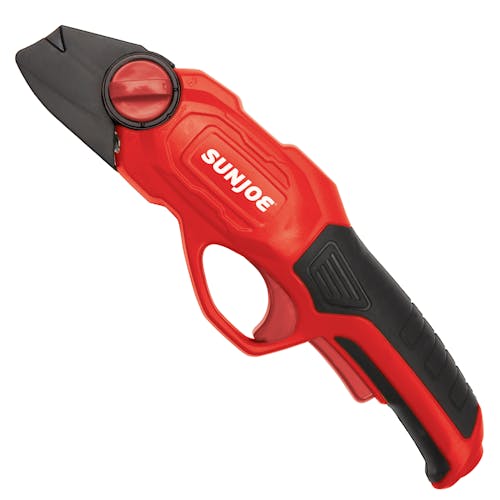 Left-side view of the Sun Joe 3.6-volt red Cordless Rechargeable Power Pruner with the blade cover on.