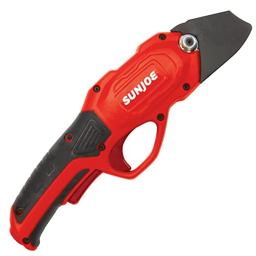 Right-side view of the Sun Joe 3.6-volt red Cordless Rechargeable Power Pruner with the blade cover on.