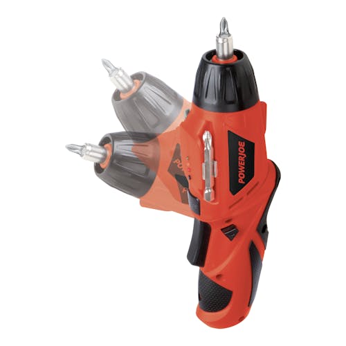 Cordless screwdriver with motion blue showing the pivoting head.