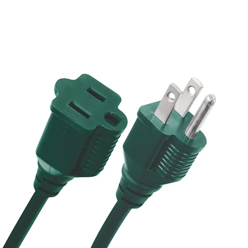 Close-up of the plug and outlet on the Snow Joe and Sun Joe 20-foot Outdoor Extension Cord in green.