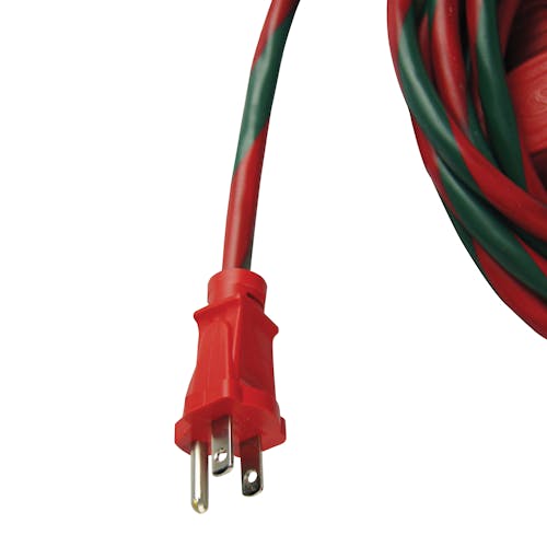 Close-up of the plug on the Snow Joe and Sun Joe 25-foot indoor and outdoor extension cord in the red and green variation.