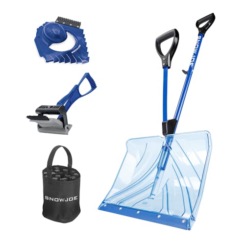 Snow Joe 18-inch Strain-Reducing Shatter Resistant Polycarbonate Snow Shovel with Spring Assisted Handle, a 24-inch rubber track assist for car tires, a ice and snow scraper, and an ice scraper tool.