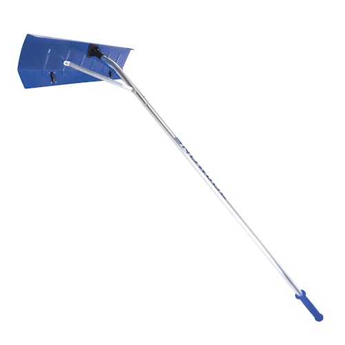 Angled view of the Snow Joe 20-Foot Extendable Scratch Free Aluminum Snow Shovel Roof Rake.