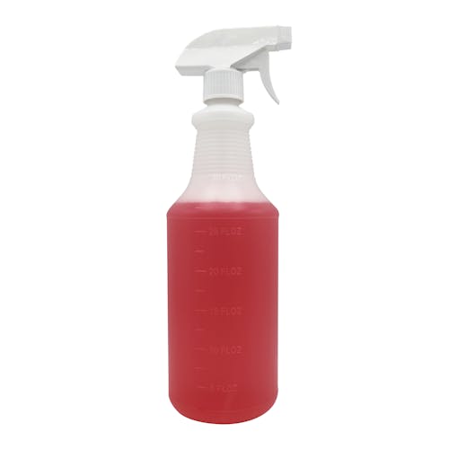 Plastic 32-ounce spray bottle with red liquid inside.