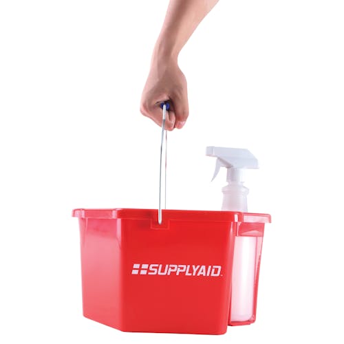 Person holding the metal handle on the Supply Aid 6-Quart Sanitizing Bucket with 25 ounce spray bottle.