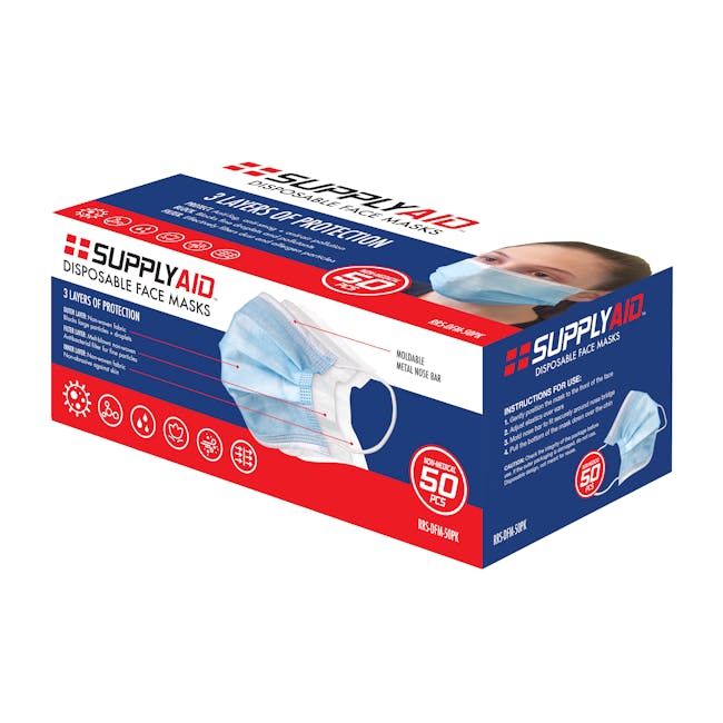 Supply Aid 50-pack of Light Blue Disposable Face Masks.